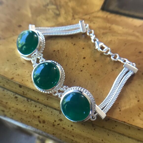 Genuine Green Onyx Sterling Silver Bracelet - Picture 1 of 7